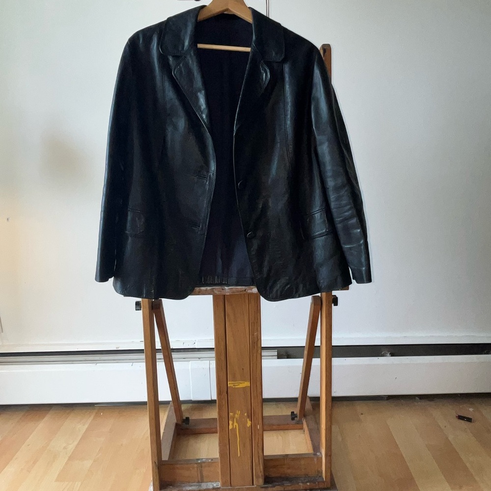 Woman’s  Black Leather Jacket blazer. No brand made in Paris.